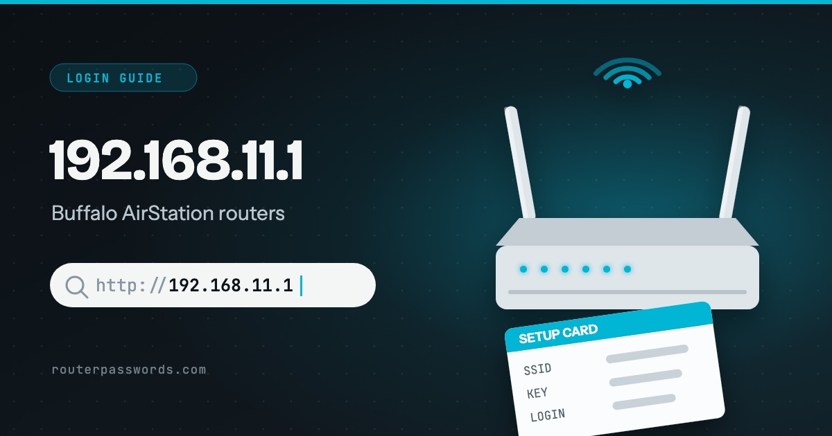 Illustration of a router with its printed setup card beside the address 192.168.11.1