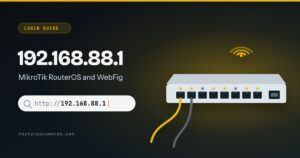 Illustration of a rack router with a row of Ethernet ports beside the address 192.168.88.1
