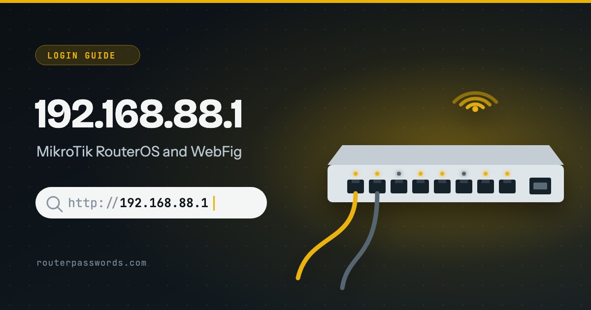 Illustration of a rack router with a row of Ethernet ports beside the address 192.168.88.1