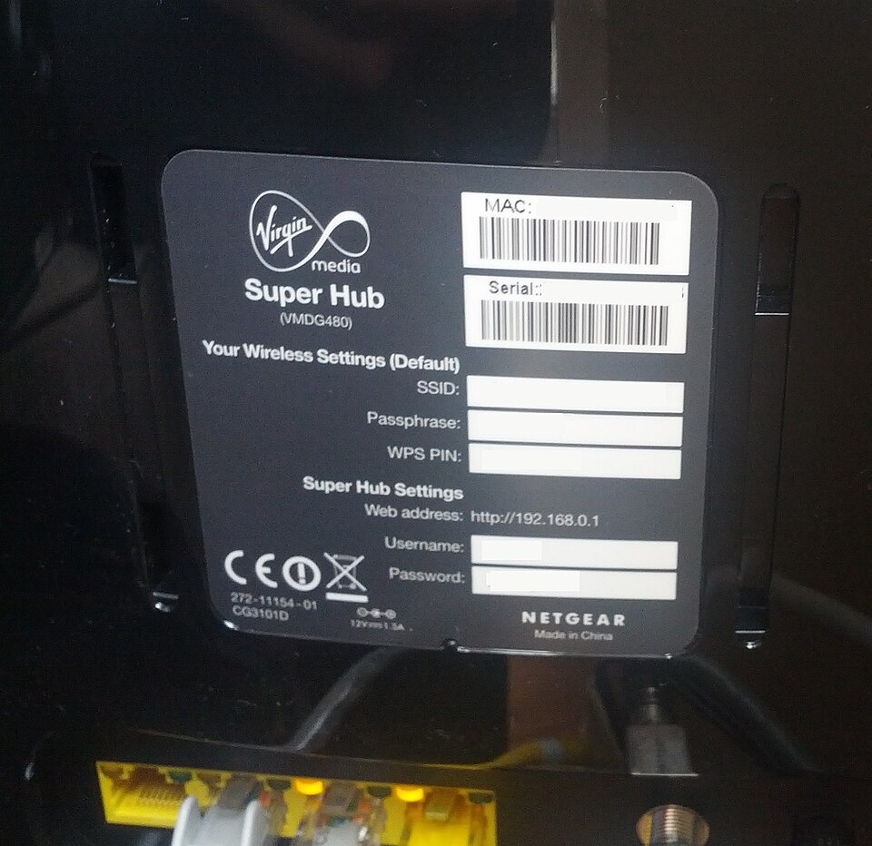 The label on a Virgin Media Super Hub, with its details removed